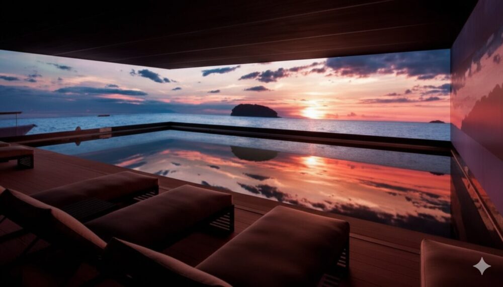 天国島の高級リゾートホテルにあるインフィニティプール。海に沈む夕日と島影が水面に映る幻想的な風景
