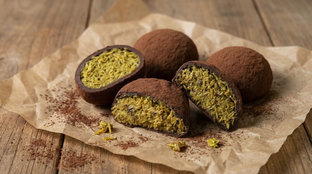カカオパウダーがまぶされた外皮をカットした、鮮やかな緑色のピスタチオとカダイフが入ったチョコトリュフの断面図。木製テーブルに敷かれたクッキングシートの上。