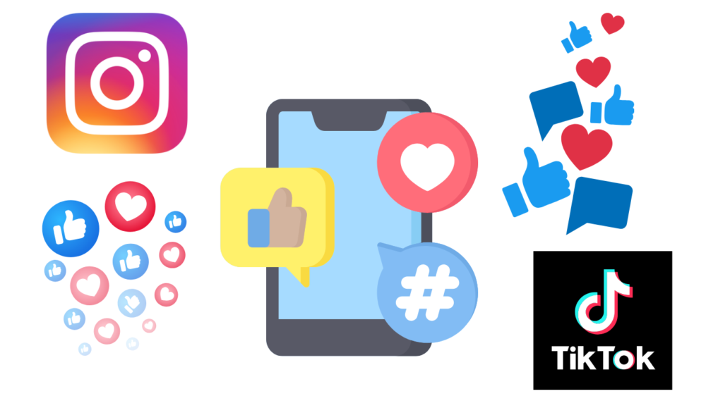 中央にスマートフォン、左上にInstagramのロゴ、右下にTikTokのロゴ。スマートフォンの周囲には、ハート、いいね（親指アップ）、ハッシュタグ、吹き出しなどのEngagementアイコンが浮かんでいる。フラットなイラストスタイル。
