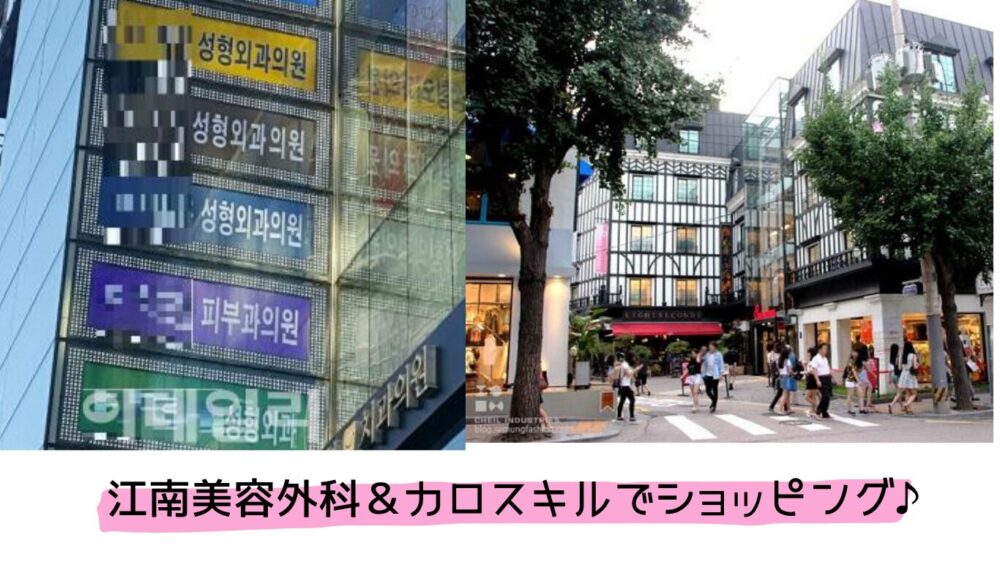 韓国ソウル江南の美容外科クリニック看板が並ぶビルとカロスキルのおしゃれショッピングストリートの街並み比較