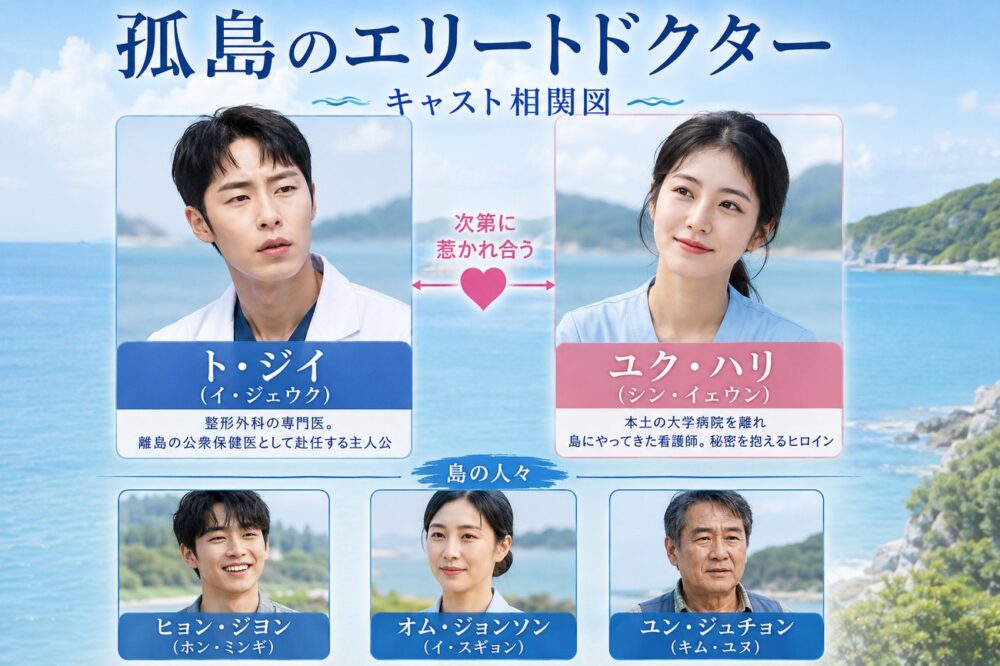 韓国ドラマ孤島のエリートドクターのキャスト相関図、イ・ジェウク演じるト・ジイとシン・イェウン演じるユク・ハリら登場人物の関係図