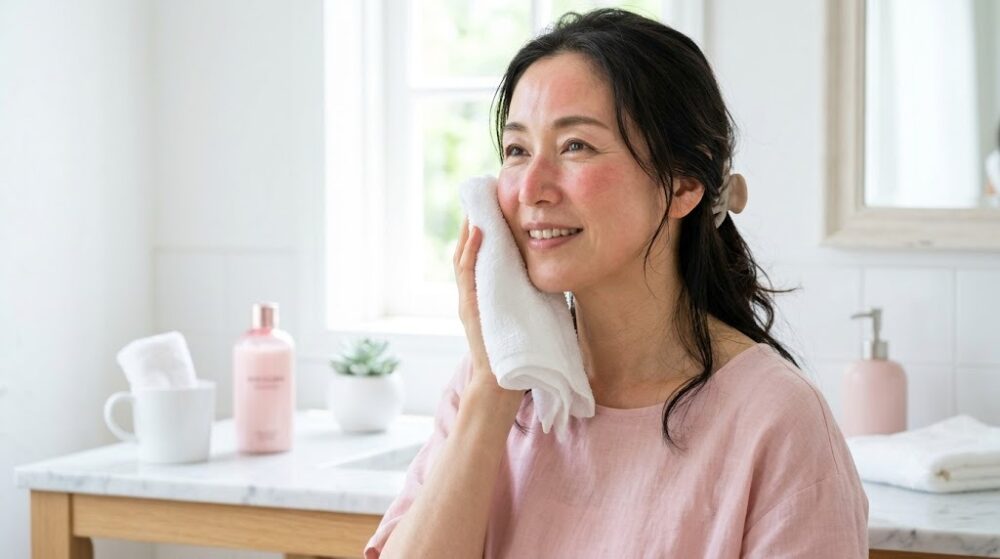 日焼け後のほんのり赤くなった頬を冷たい濡れタオルでクールダウンする40代50代の女性のイメージ