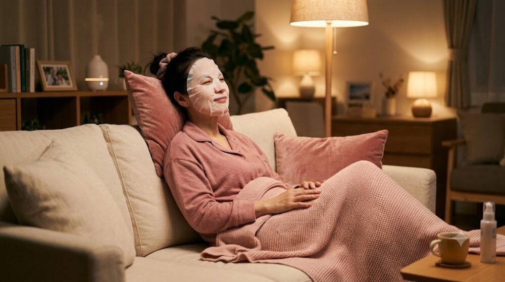 夜のリビングでシートマスクを顔に乗せてソファでリラックスする40代50代の女性のスキンケアタイムのイメージ