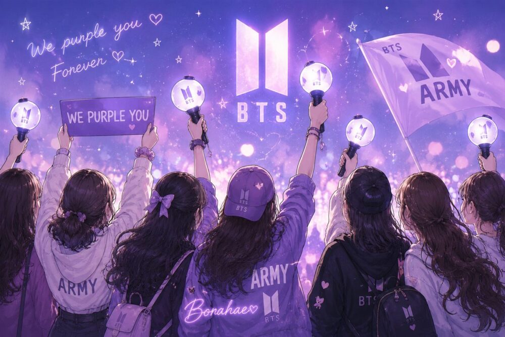 ペンライトを掲げてBTSを応援するARMYの紫の海のイメージイラスト