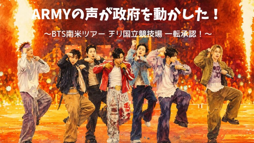 ARMYの声が政府を動かした！BTS南米ツアー・チリ国立競技場一転承認のアイキャッチ（イメージイラスト）