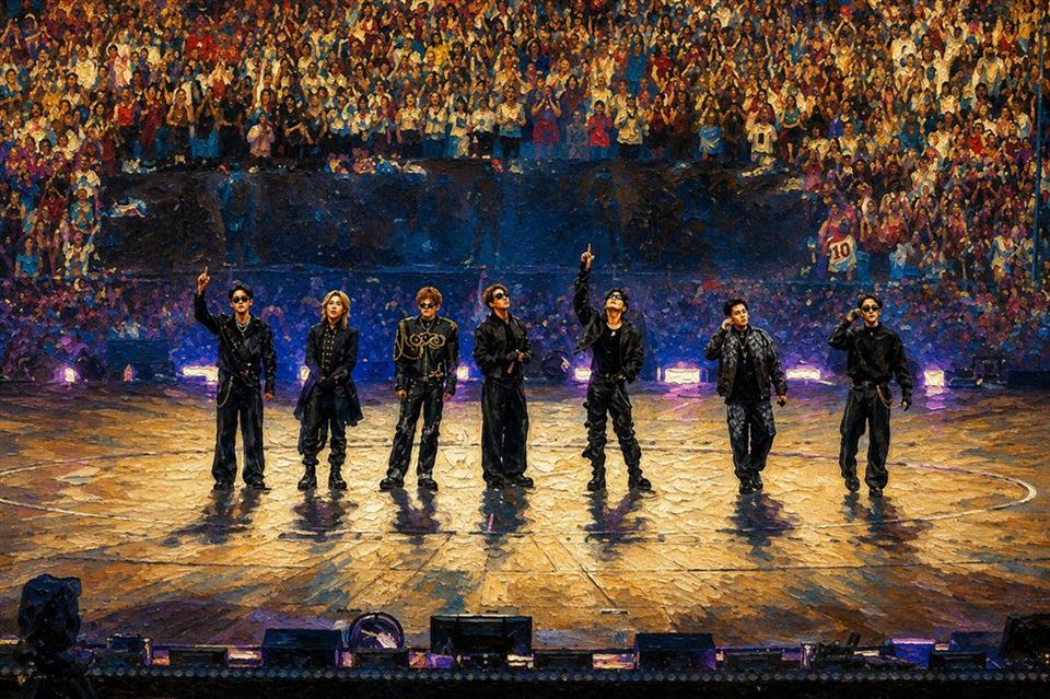 ワールドツアーARIRANGの観客で埋まったスタジアムのステージに立つBTS7人のイメージイラスト