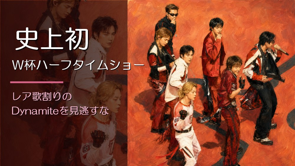 史上初のW杯ハーフタイムショーでレア歌割りのDynamiteを披露したBTS7人のイメージイラスト入りアイキャッチ