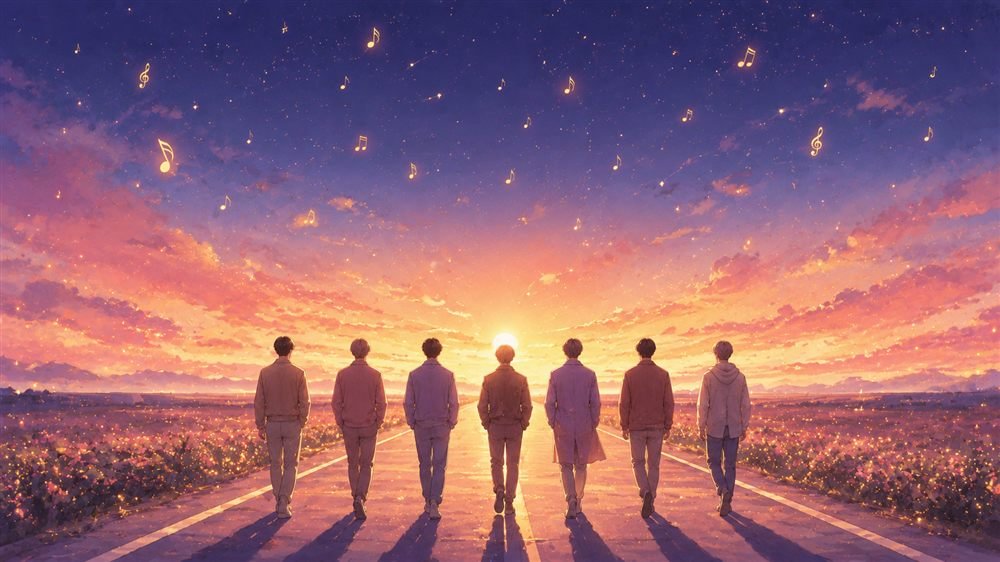夜明けの道を7人で歩いていく後ろ姿のイメージイラスト