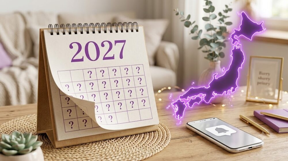 日付がすべて?マークの2027年カレンダーと紫に光る日本地図、通知を待つスマホのイメージ画像