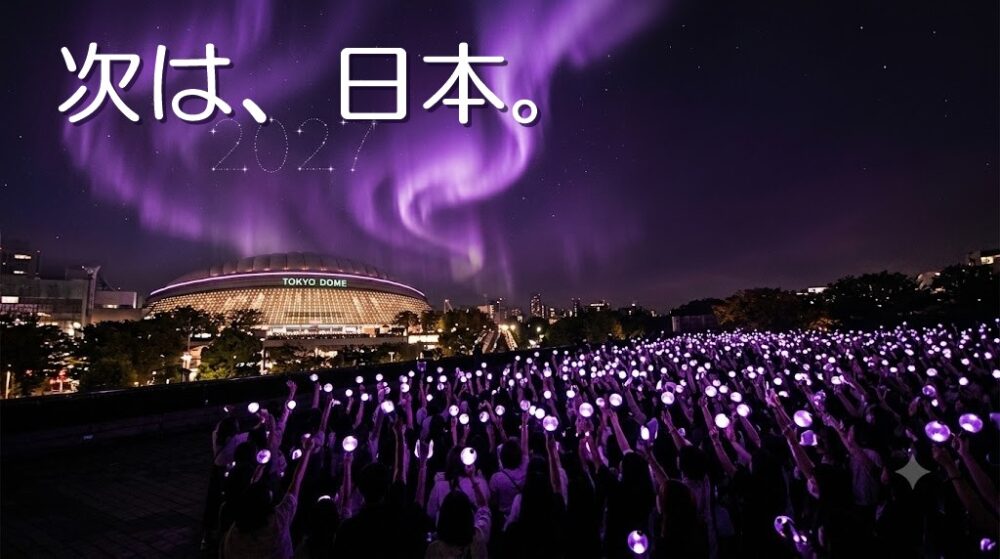 夜の東京ドームと紫のオーロラの下でペンライトを掲げるファンたち。空に2027の文字が輝くイメージ画像