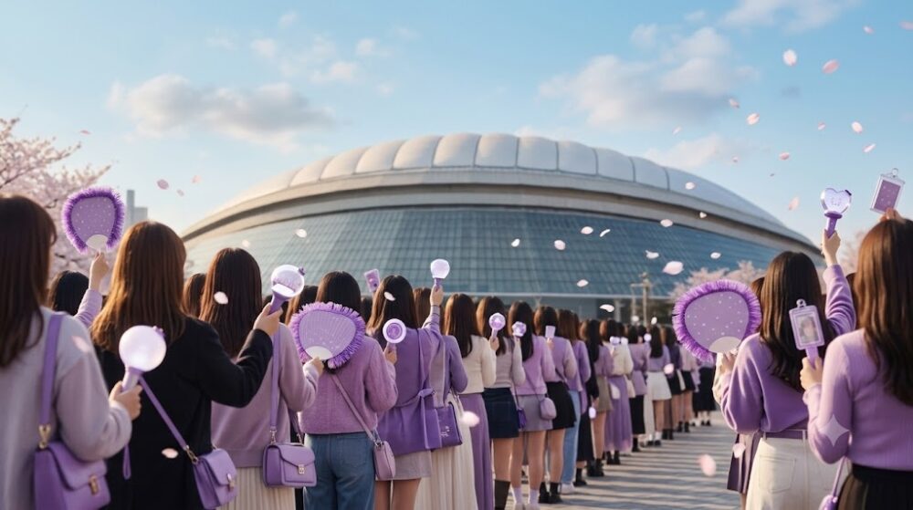 春の東京ドーム前で紫のペンライトやうちわを持って開場を待つファンたちの後ろ姿のイメージ画像