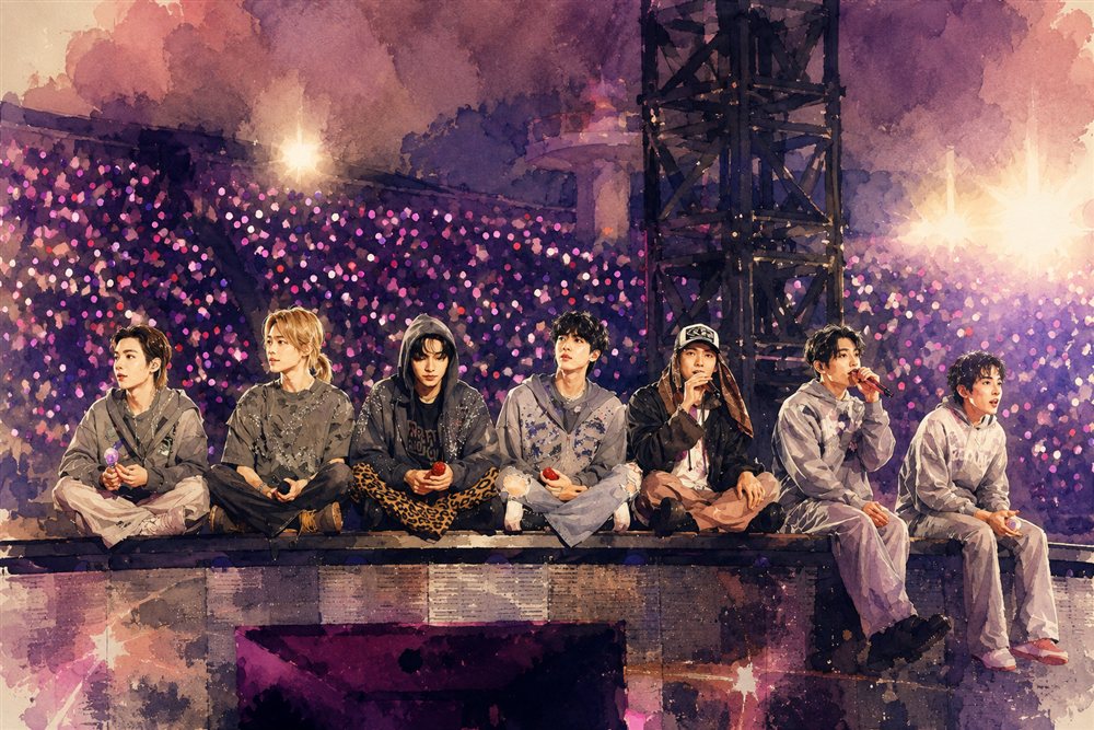 ステージの縁に座って紫のペンライトの海を眺めるBTS7人のイメージイラスト