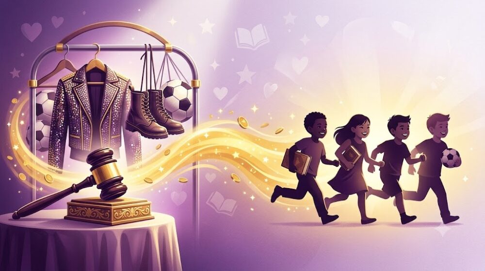 チャリティーオークションの仕組みを表すイラスト。ステージ衣装とオークションガベルから金色の光が子どもたちの教育支援へつながるイメージ