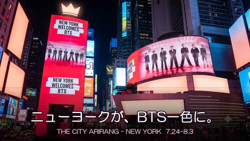 ニューヨーク・タイムズスクエア風の夜景に「NEW YORK WELCOMES BTS」の大型ビジョンが輝くBTS THE CITY ARIRANG - NEW YORKのイメージ画像。キャッチコピー「ニューヨークが、BTS一色に。」入り