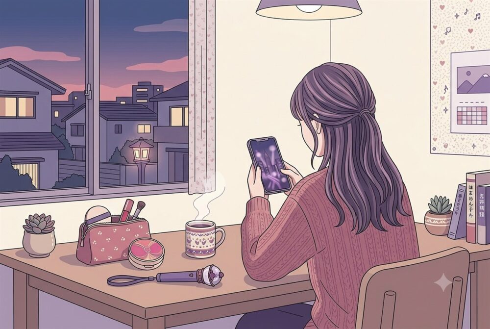 日本の自宅からスマホでニューヨークのBTSイベントの様子を楽しむARMYの後ろ姿のイメージイラスト。机には韓国コスメのポーチとペンライト