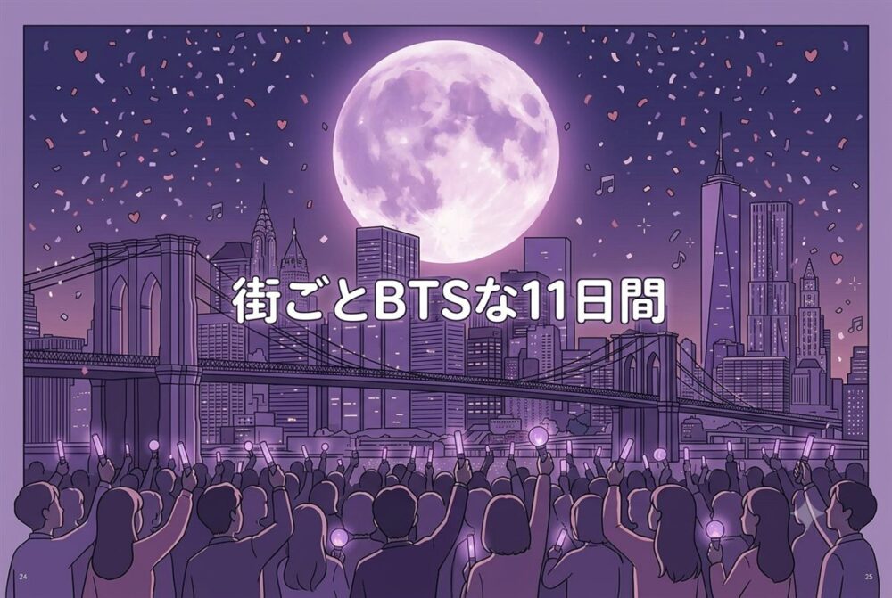 「街ごとBTSな11日間」と書かれたまとめイラスト。紫にライトアップされたニューヨークの夜景とブルックリン橋、ペンライトを掲げる群衆