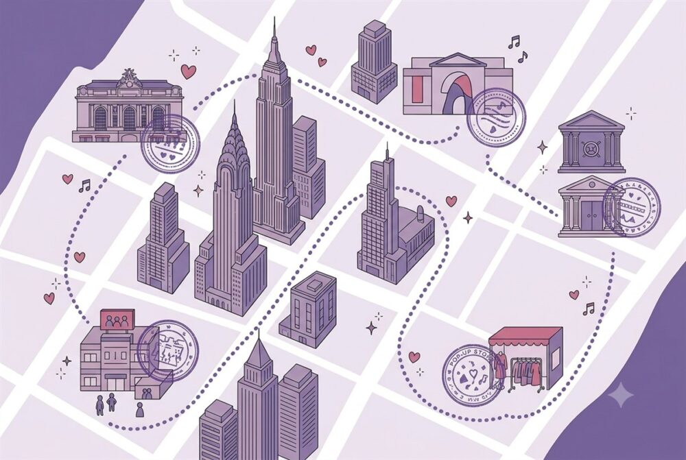BTS THE CITY ARIRANG - NEW YORKのスタンプラリーで巡る5つのスポットを紫のスタンプと点線ルートで結んだマンハッタンのデフォルメ地図イラスト