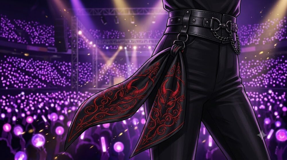 黒いステージ衣装のウエストベルトから垂れる赤い悪魔モチーフの黒いスカーフのイメージイラスト。背景は紫のペンライトの海