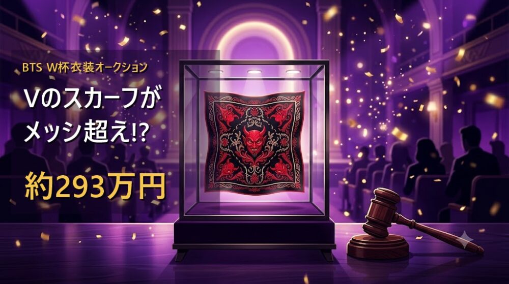 BTS W杯衣装オークション「ONE GOAL」のアイキャッチ画像。ガラスケースに展示された赤い悪魔モチーフの黒いスカーフとオークションガベル。Vのスカーフがメッシ超えの約293万円