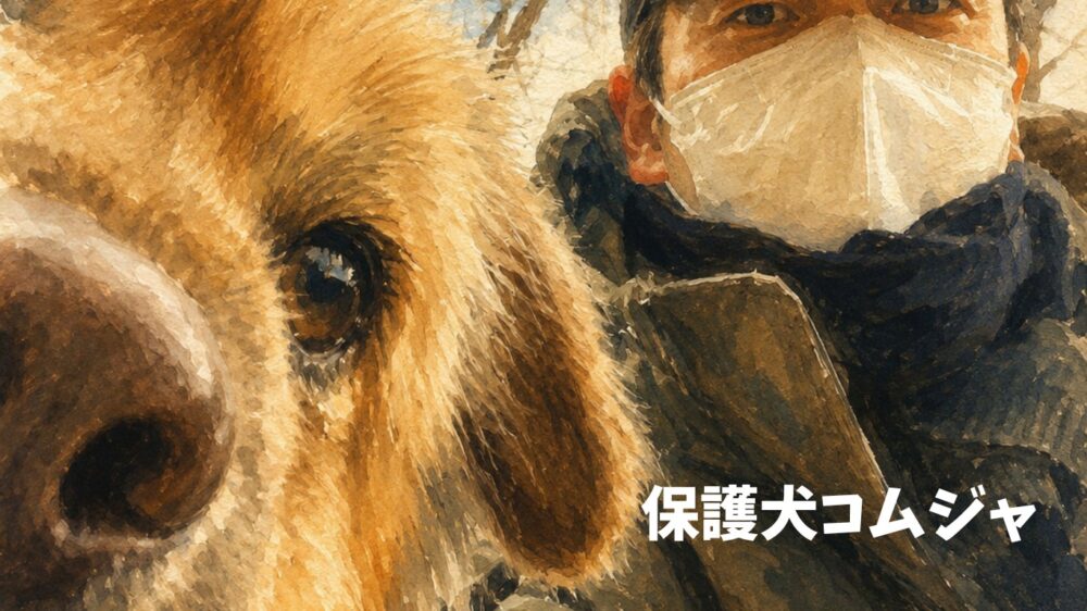 保護犬コムジャと寄り添うチョ・スンウをイメージした水彩風イラスト