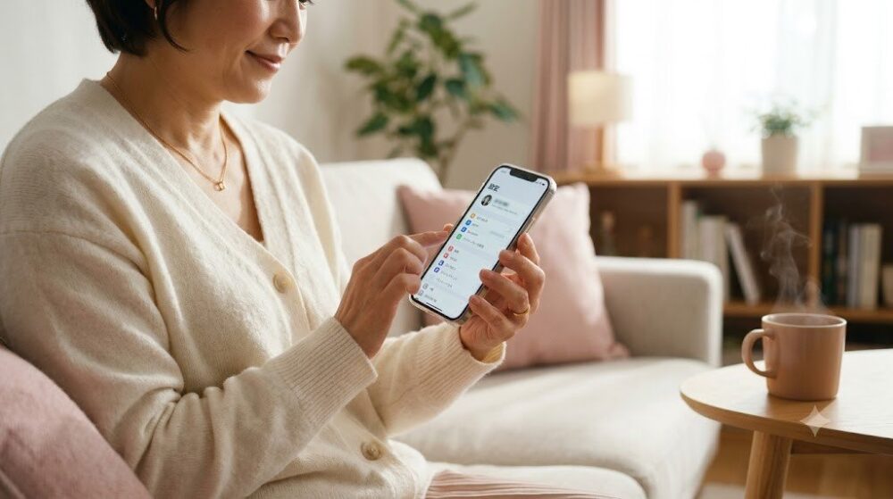 自宅のソファでスマホがeSIM対応か設定画面を確認する女性