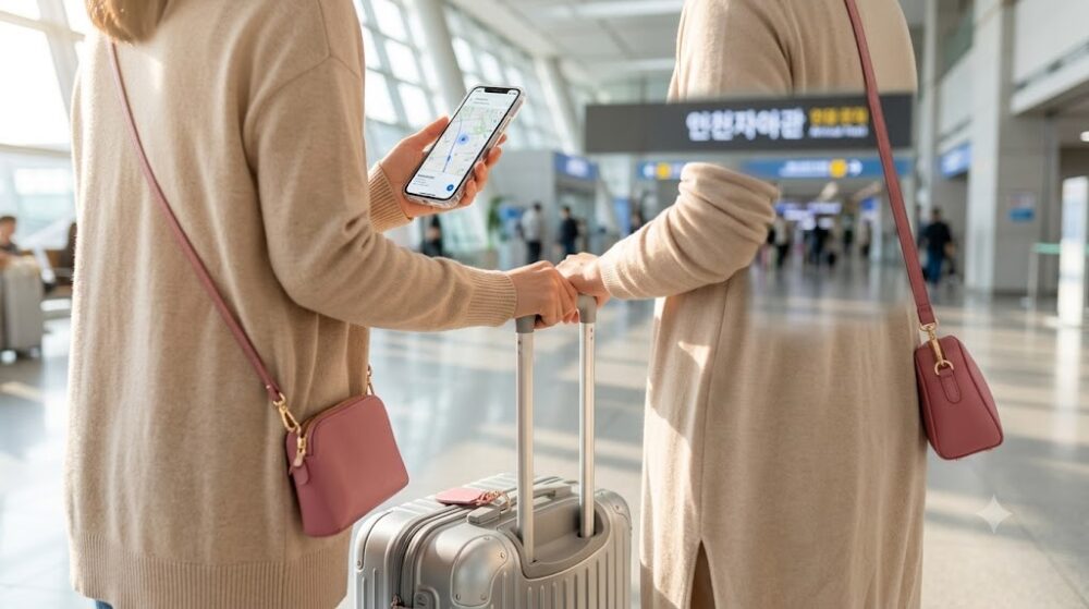 韓国の空港に到着してすぐスマホの地図アプリを使う旅行者