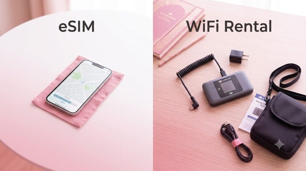 eSIMのスマホ1台とWiFiレンタルのルーター一式の持ち物比較