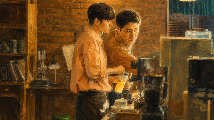 『コーヒーを飲みましょうか?』でバリスタ役を演じたオン・ソンウの役作りのイメージイラスト(カフェでコーヒーを淹れるシーン)