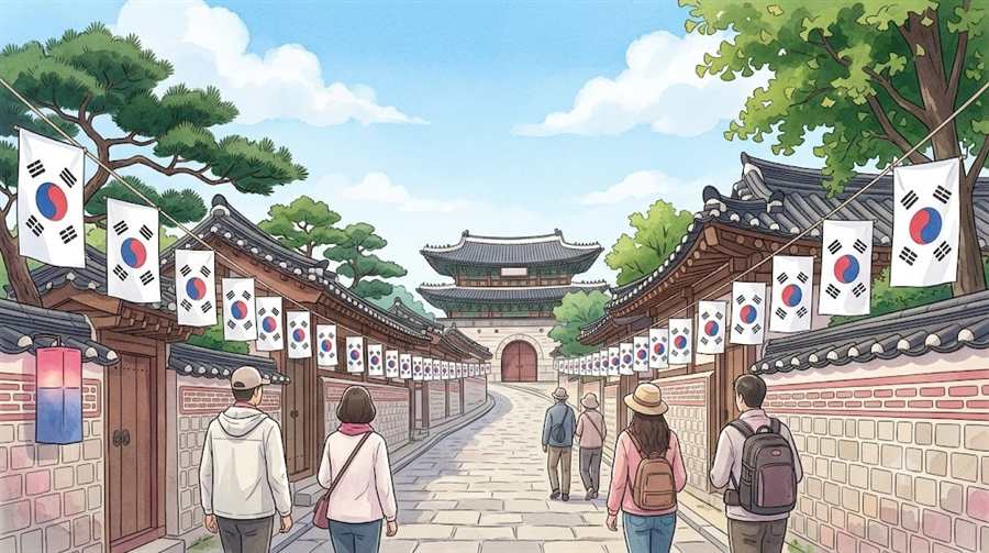 光復節に太極旗がずらりと掲げられたソウルの伝統的な街並みを歩く旅行者のイラスト