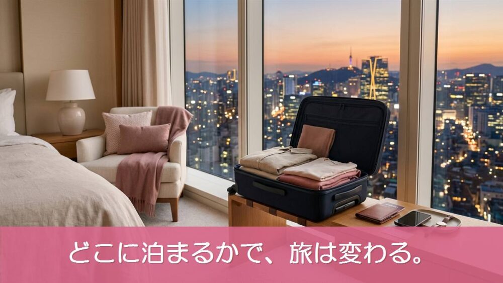 ソウルのホテル客室の窓辺に置かれたスーツケースと夜景 宿泊エリア選びのイメージ