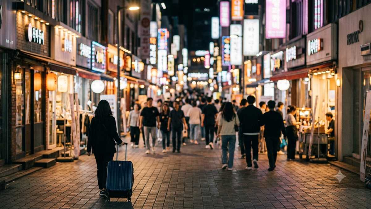 ソウル・明洞の夜の繁華街を歩く旅行者 ホテルのエリア選びのイメージ