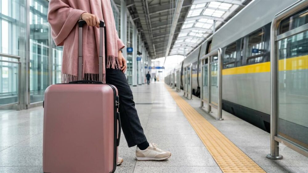 空港の鉄道駅ホームでスーツケースを引く旅行者 AREXでソウル市内へ向かうイメージ