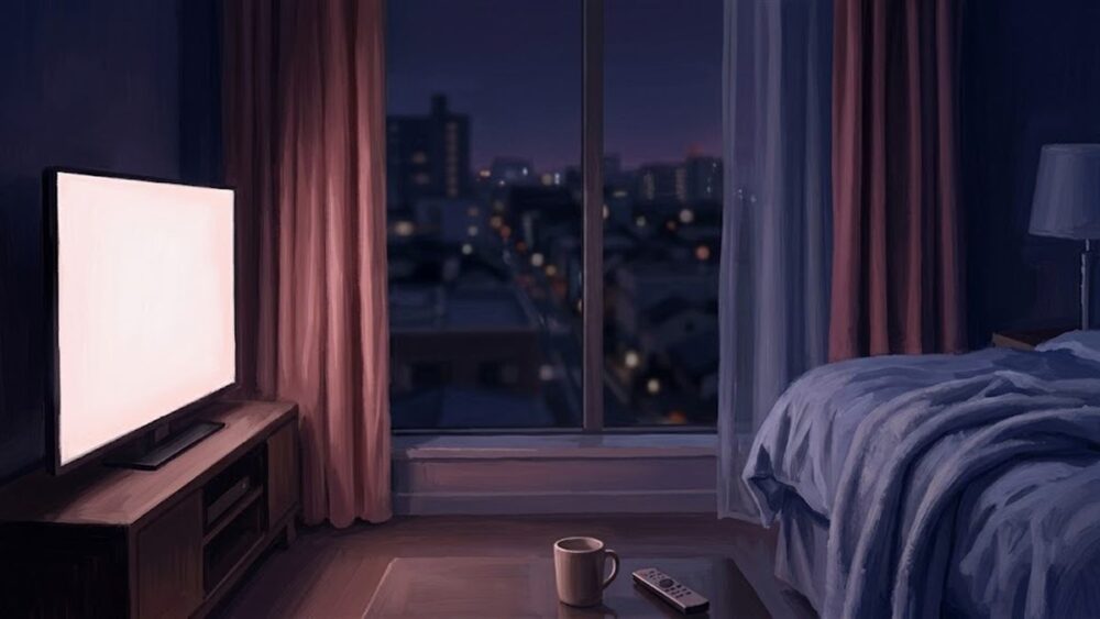 夜の部屋でテレビの画面が光っているイメージ