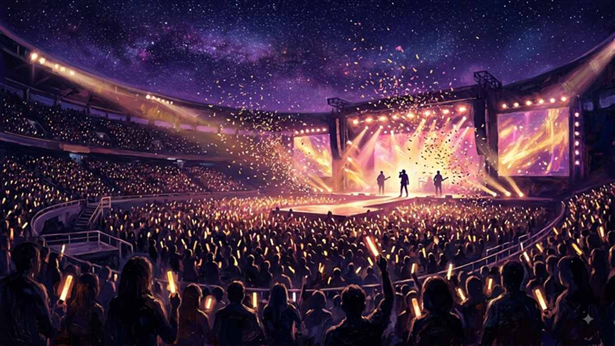 夜のスタジアムで3人のシルエットが立つコンサートステージのイメージイラスト