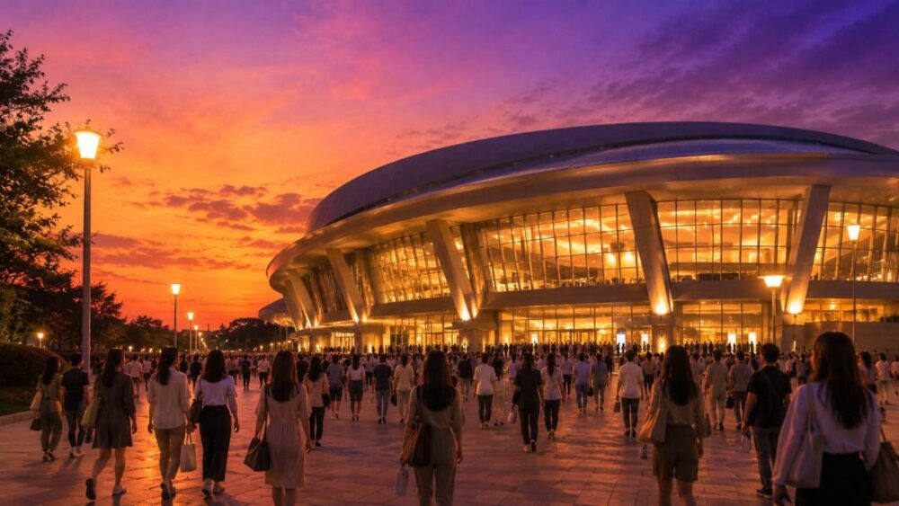 夏の夕暮れにアリーナへ歩いて向かう大勢のファンのイメージ画像