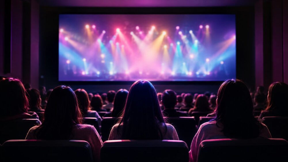 映画館の客席で抽象的なステージの光が映るスクリーンを見つめる観客のイメージ画像