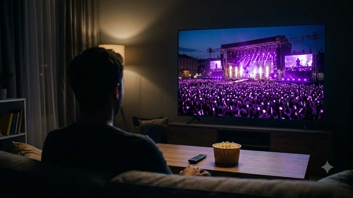テレビの大画面でBTSのカムバックライブを視聴するイメージ（広場の野外ステージ）