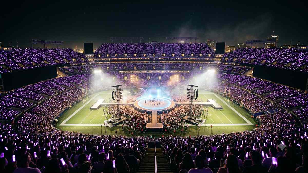ジレット・スタジアムの360度ステージと紫のペンライトで埋まる客席のイメージ