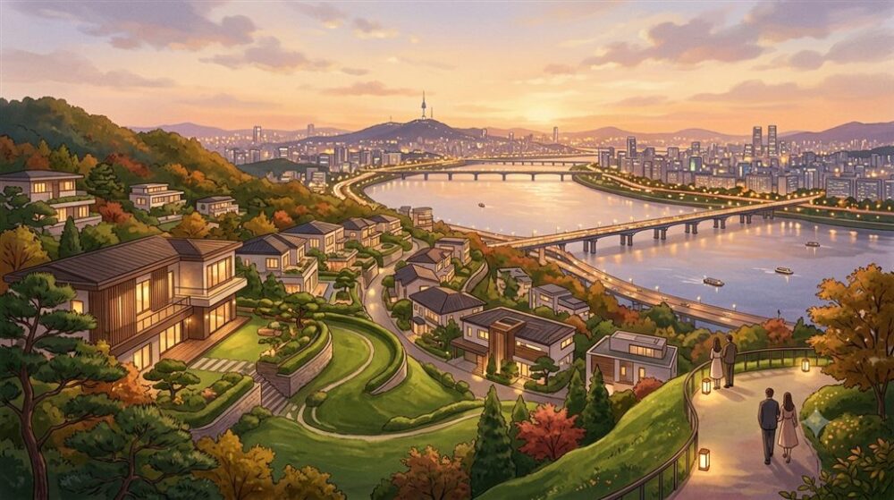 緑の丘に囲まれた漢南洞エリアの高級住宅街と、夕暮れのソウル市街・漢江を望むイメージイラスト