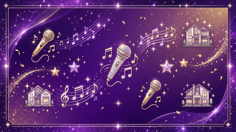 紫のグラデーション背景にマイク・音符・家のアイコンが散りばめられたまとめバナーイラスト