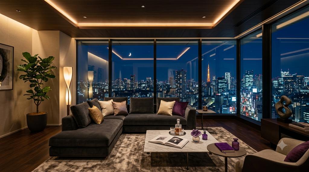 大きな窓から都会の夜景が見える高級ペントハウスのリビングルームのイメージ画像