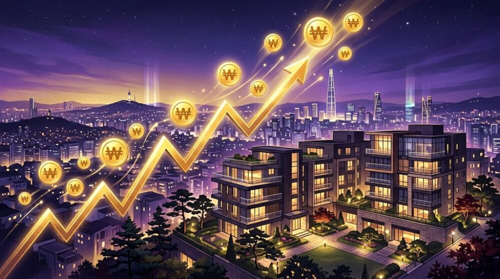 夜のソウルの街並みに金色の上昇グラフとウォン記号のコインが浮かぶ、不動産価値上昇のイメージイラスト