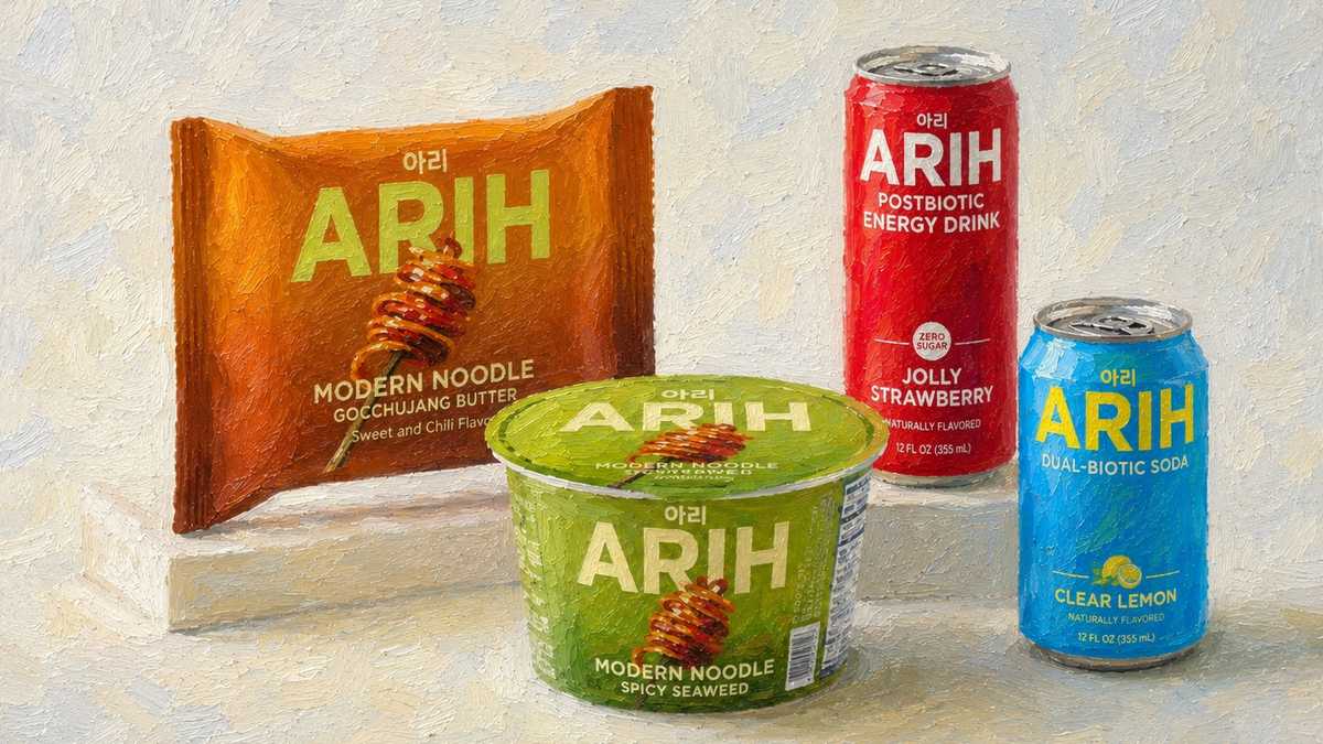 ARIHのモダンヌードル・エナジードリンク・ソーダが並んだ油絵風のイメージ画像