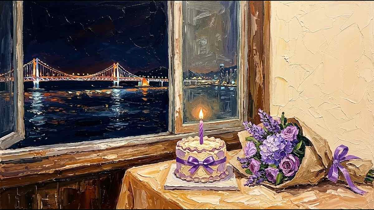 広安大橋の夜景とバースデーケーキの油絵風イメージ画像