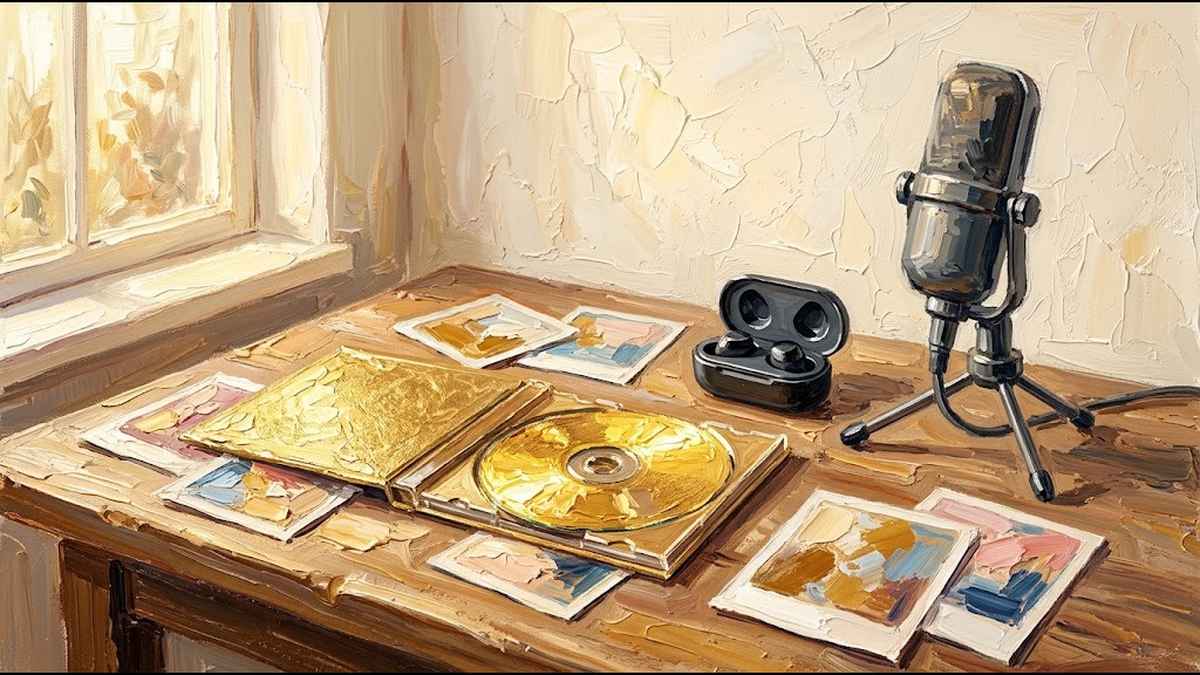 金色のCDとイヤホン・マイクが並んだ油絵風イメージ画像