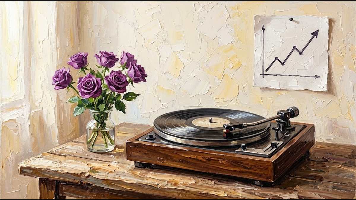 ターンテーブルと7輪の紫のバラの油絵風イメージ画像