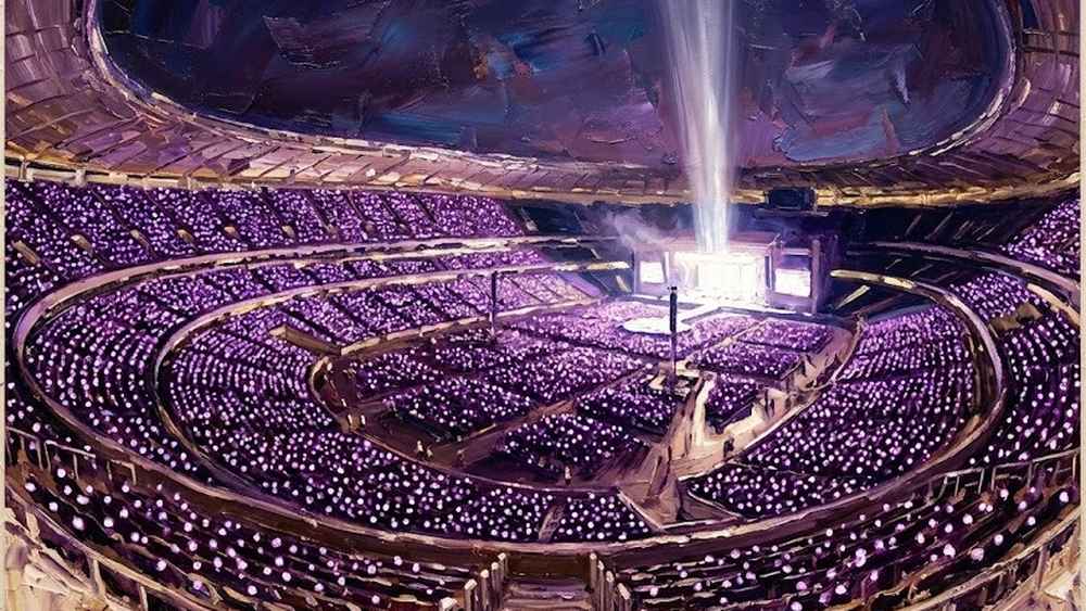 紫色の光で埋まった夜のスタジアムの油絵風イメージ画像