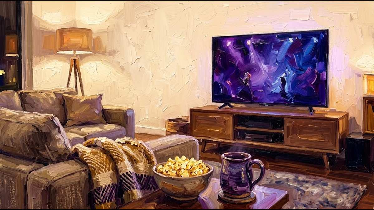夜のリビングでテレビのライブ映像を楽しむ油絵風イメージ画像
