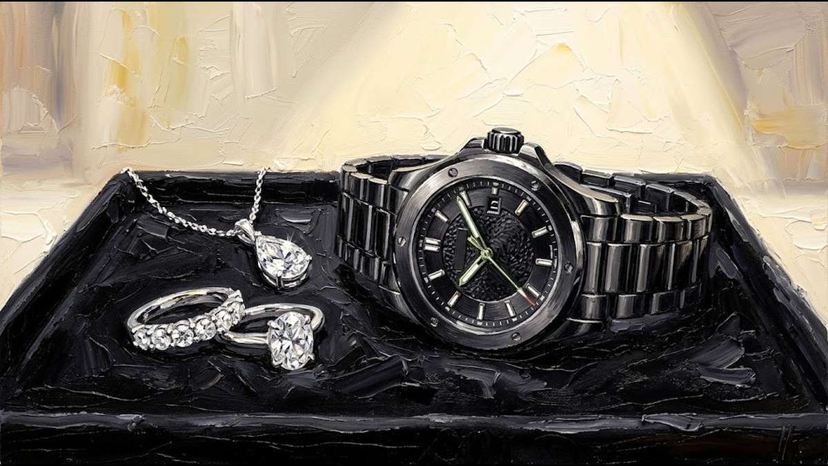 腕時計とダイヤモンドジュエリーが並んだ油絵風イメージ画像