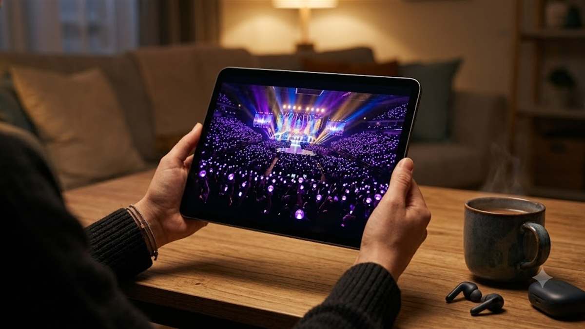 タブレットでBTSのライブ映像を視聴するイメージ（紫のペンライトが揺れるコンサート会場）